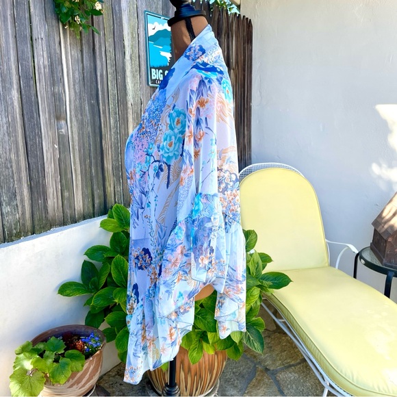 Floral Botanical Chiffon Shawl Wrap Ruffled Edge Sheer Blue/Pink/Copper - Picture 5 of 14